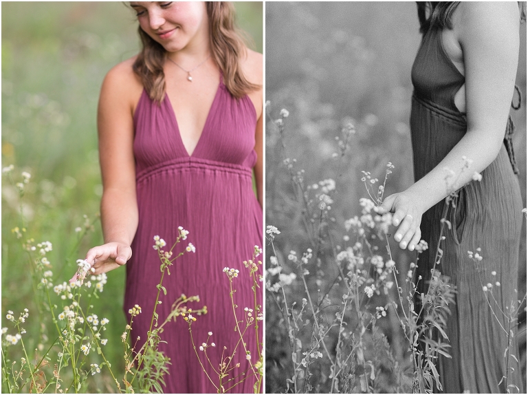 Senior photos of a girl in a purple dress in a flower field