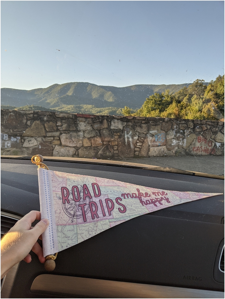I gave Nicole this "Road Trips Make Me Happy" banner a few years ago and she's had it on the dash of her car ever since