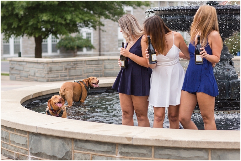 Dogs jumped into fountain during senior photoshoot. Dogs are always welcome!