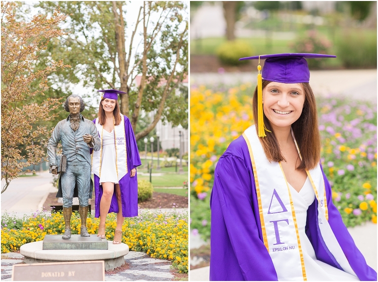 JMU senior posing with James Madison statue.