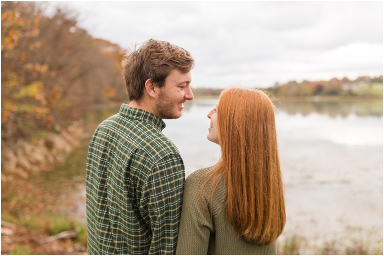 Autumn engagement session at Lake Shenandoah with fall colors with the lake in the background.