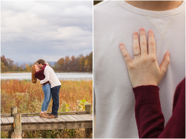 Autumn engagement session at Lake Shenandoah with fall colors, the lake, and beautiful engagement ring.