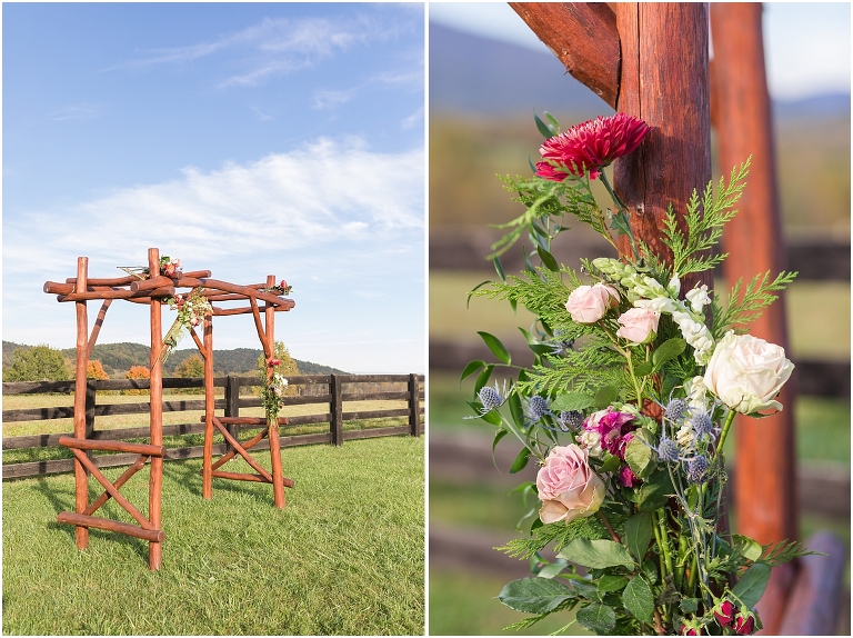 Decorating the arbor with flowers for a Virginia vow renewal and anniversary session in the autumn mountains