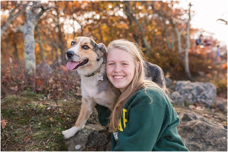Sunset Hawksbill Summit Skyline Drive senior session with her dog