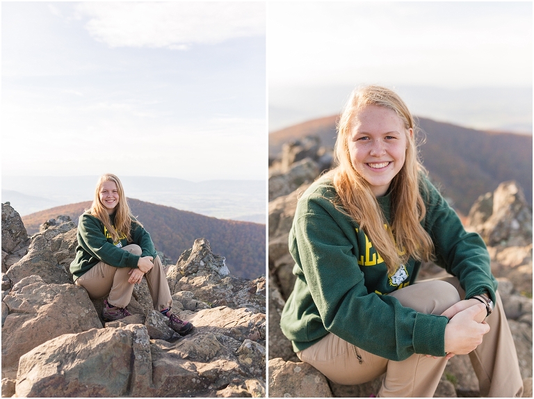 Sunset Hawksbill Summit Skyline Drive senior session with fall foliage and rolling clouds
