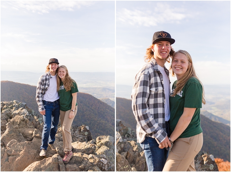 Sunset Hawksbill Summit Skyline Drive senior session with fall foliage and rolling clouds. Boyfriends are always welcome