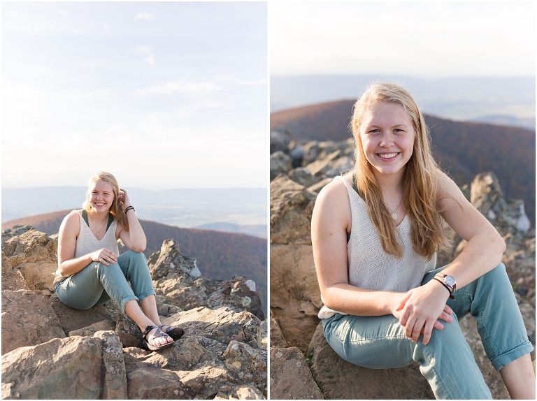 Sunset Hawksbill Summit Skyline Drive senior session with fall foliage and rolling clouds