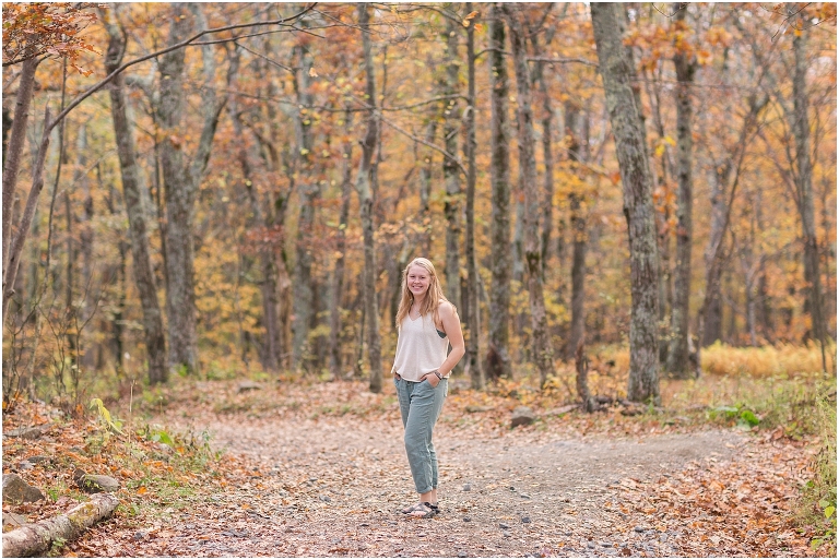 Sunset Hawksbill Summit Skyline Drive senior session with fall foliage