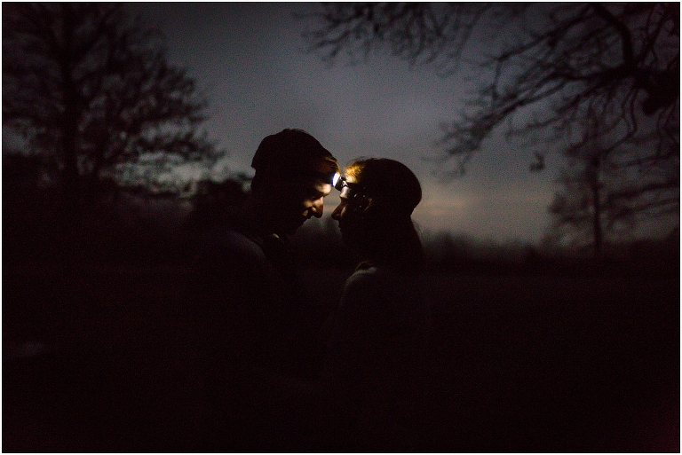 Couple wearing headlamps at evening engagement session.