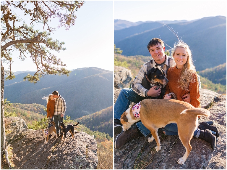 Blue Ridge engagement session with fall foliage and blue skies surrounding them.  Blue Ridge Parkway in Virginia. 