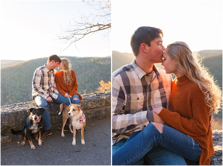 Blue Ridge engagement session with fall foliage and blue skies surrounding them.  Blue Ridge Parkway in Virginia. 