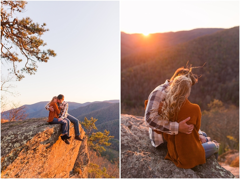 Blue Ridge engagement session with fall foliage and blue skies surrounding them.  Blue Ridge Parkway in Virginia. 