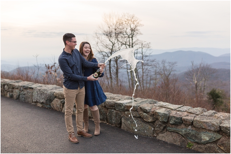 Skyline Drive Overlook engagement session with late fall colors, a beautiful view, and some champagne.