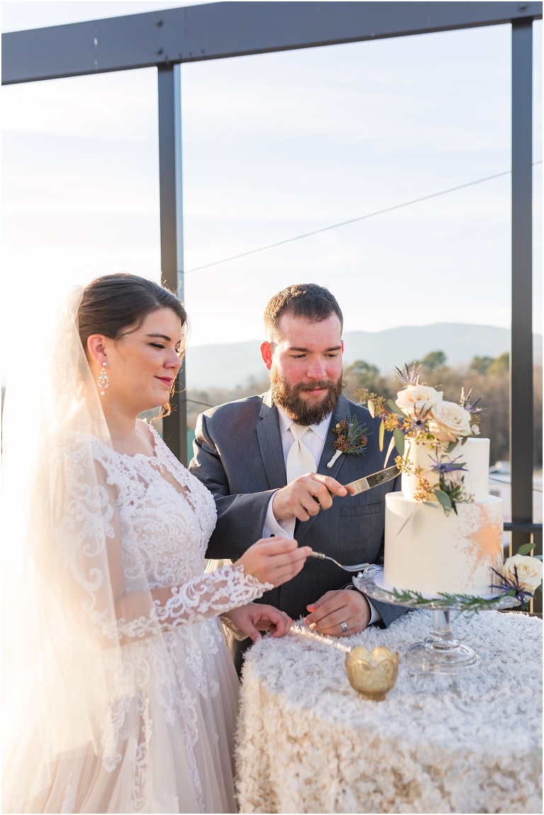 Winter wedding at The Rooftop in Crozet, Virginia. The golden sunset and surrounding views created the most beautiful wedding.