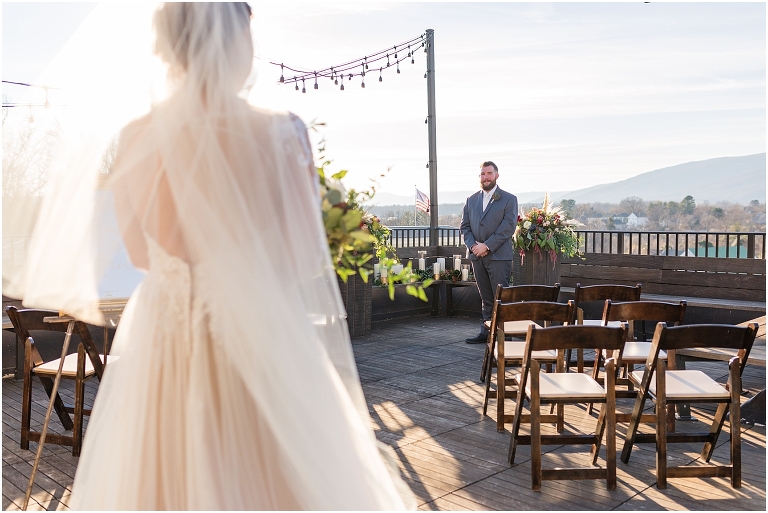 Winter wedding at The Rooftop in Crozet, Virginia. The golden sunset and surrounding views created the most beautiful wedding.