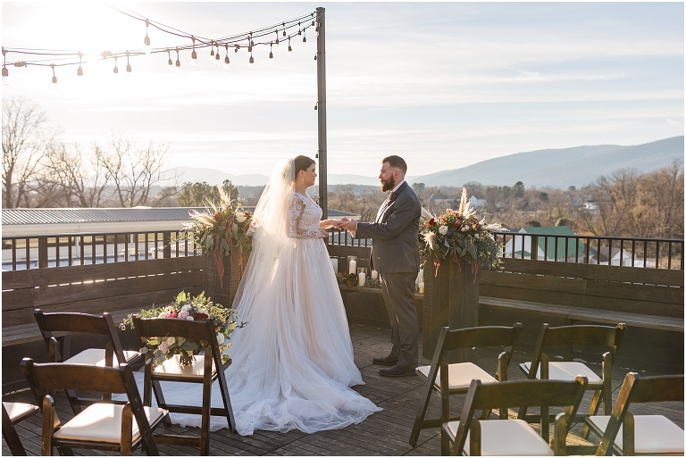 Winter wedding at The Rooftop in Crozet, Virginia. The golden sunset and surrounding views created the most beautiful wedding.