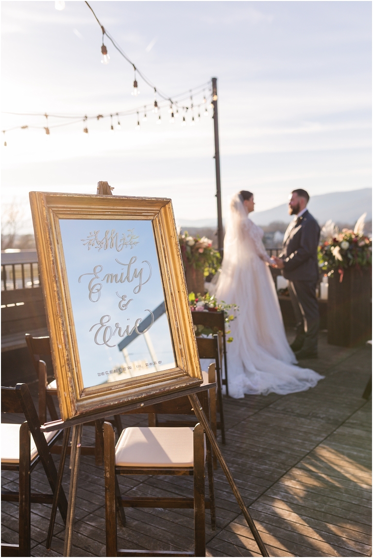 Winter wedding at The Rooftop in Crozet, Virginia. The golden sunset and surrounding views created the most beautiful wedding.