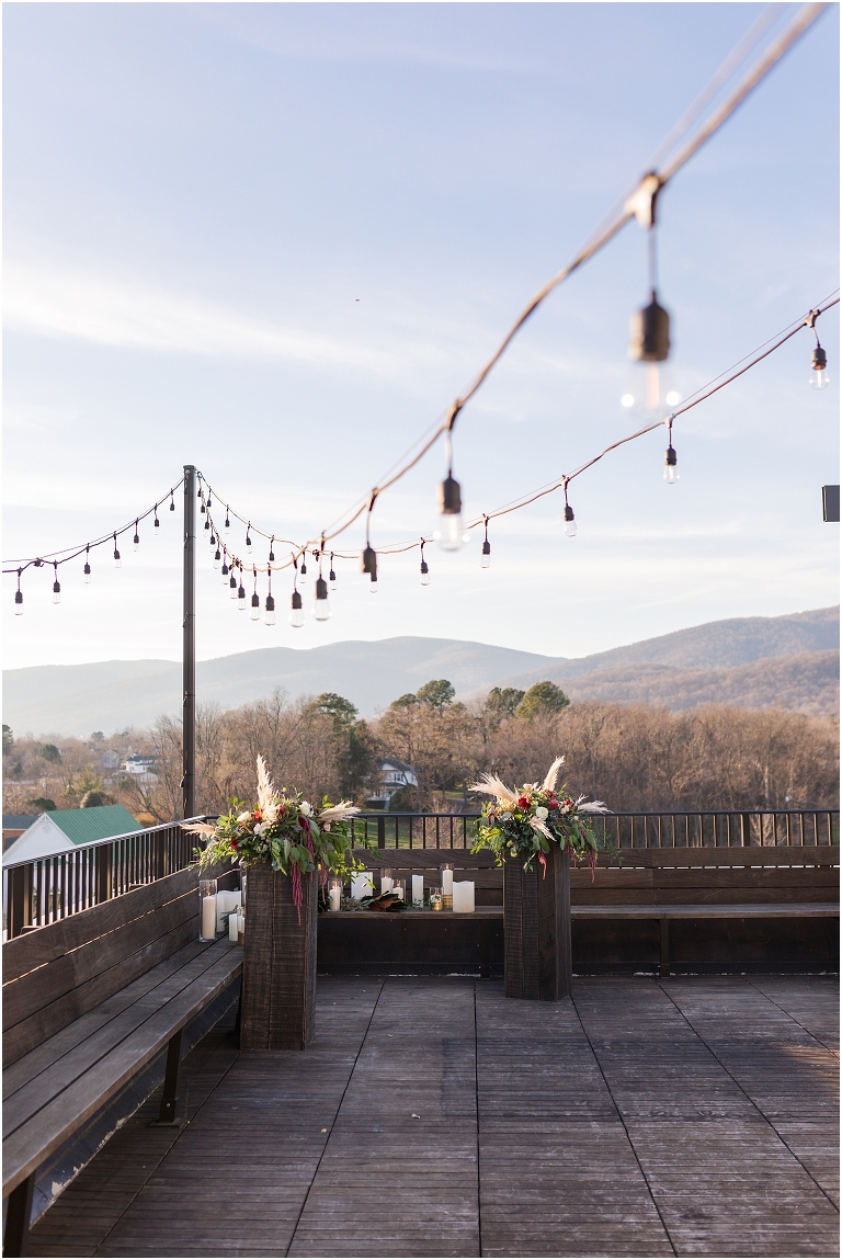 Winter wedding at The Rooftop in Crozet, Virginia. The golden sunset and surrounding views created the most beautiful wedding.