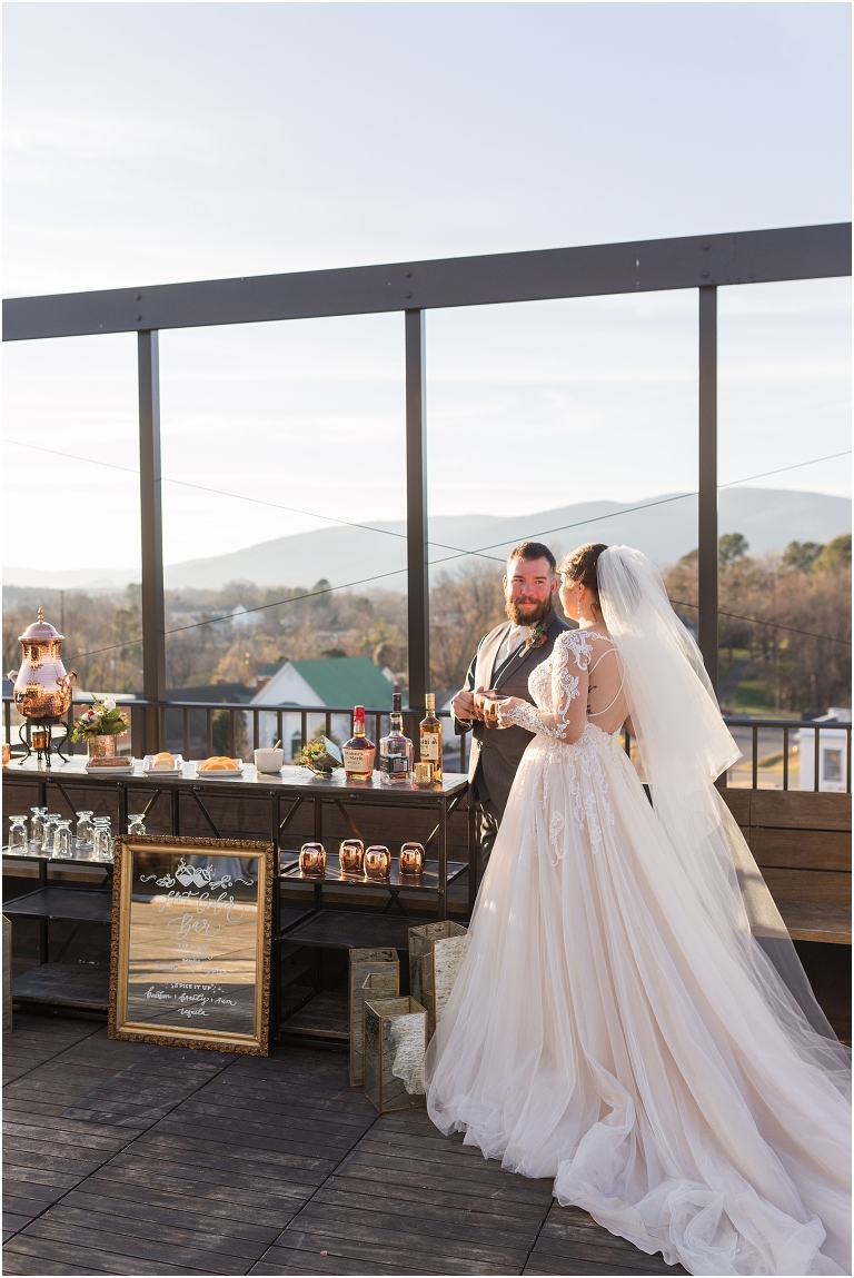 Winter wedding at The Rooftop in Crozet, Virginia. The golden sunset and surrounding views created the most beautiful wedding.