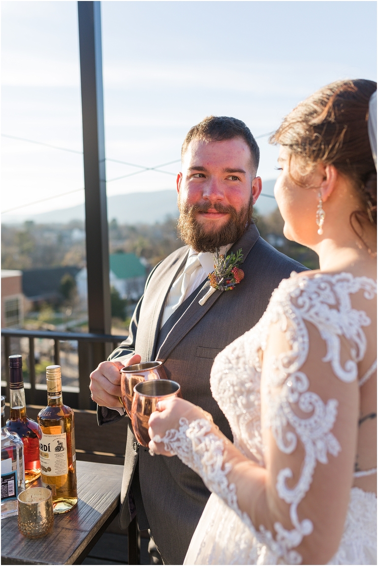 Winter wedding at The Rooftop in Crozet, Virginia. The golden sunset and surrounding views created the most beautiful wedding.