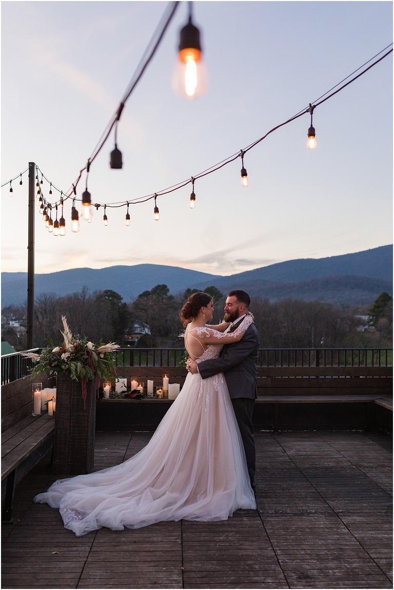 Winter wedding at The Rooftop in Crozet, Virginia. The golden sunset and surrounding views created the most beautiful wedding.