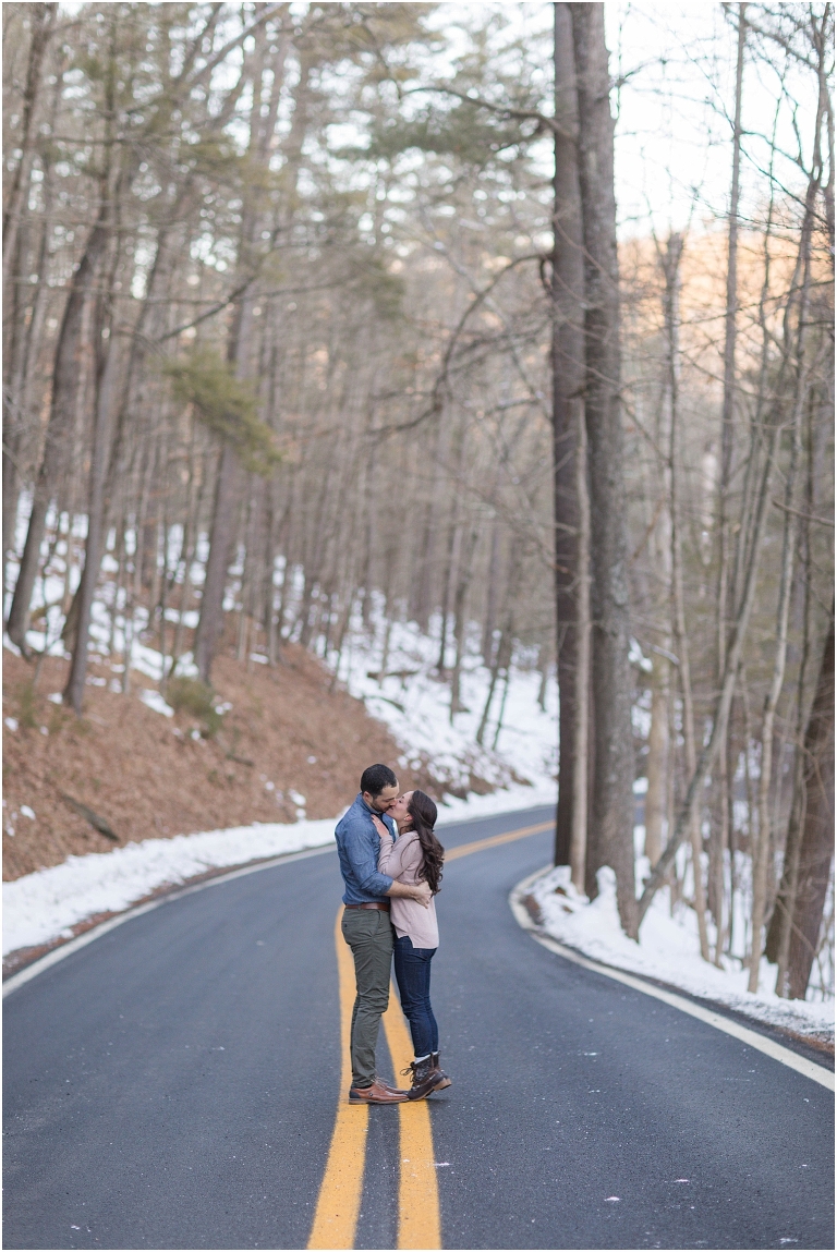 Lost River State Park winter engagement session surrounded by fresh snow in the Virginia mountains.