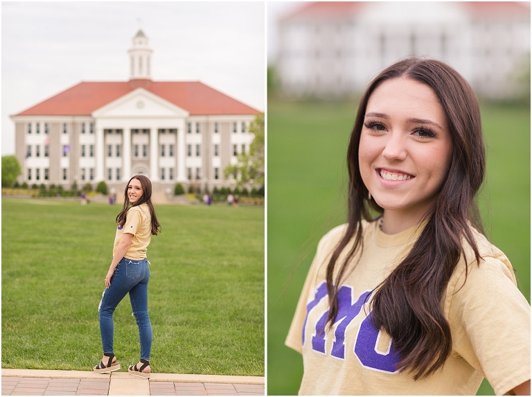 Spring Harrisonburg high school senior portraits on the James Madison University Quad and Edith J. Carrier Arboretum