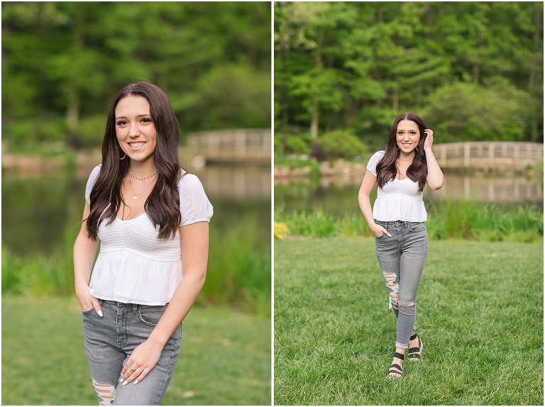 Spring Harrisonburg high school senior portraits on the James Madison University Quad and Edith J. Carrier Arboretum