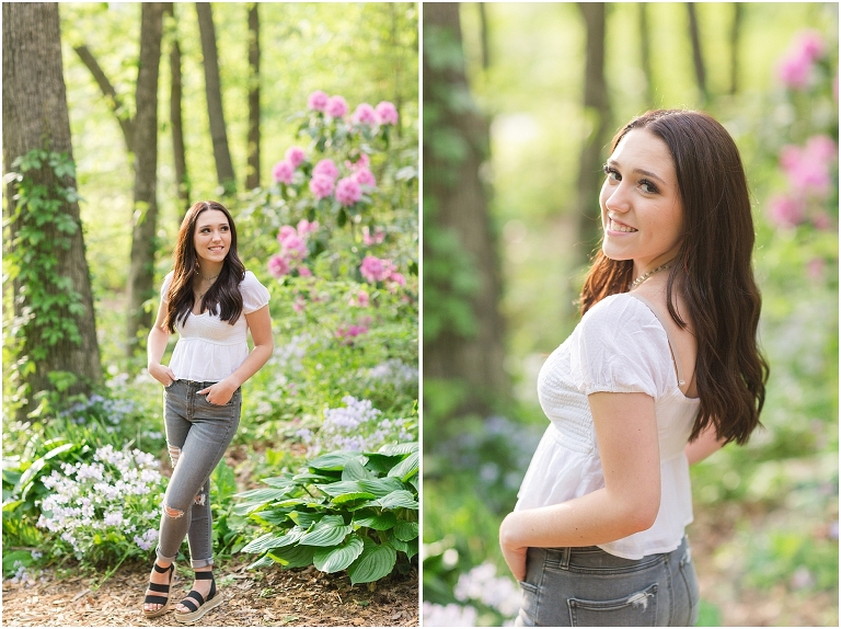 Spring Harrisonburg high school senior portraits on the James Madison University Quad and Edith J. Carrier Arboretum
