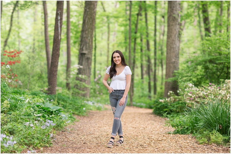 Spring Harrisonburg high school senior portraits on the James Madison University Quad and Edith J. Carrier Arboretum