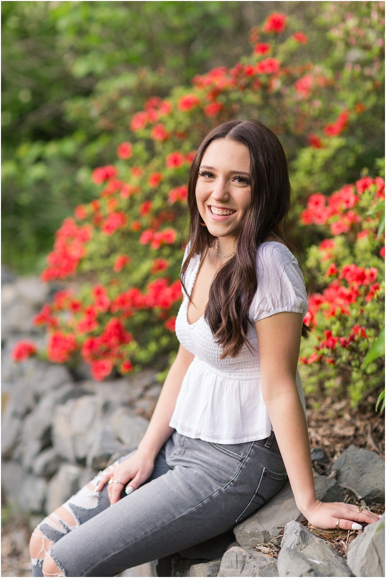 Spring Harrisonburg high school senior portraits on the James Madison University Quad and Edith J. Carrier Arboretum