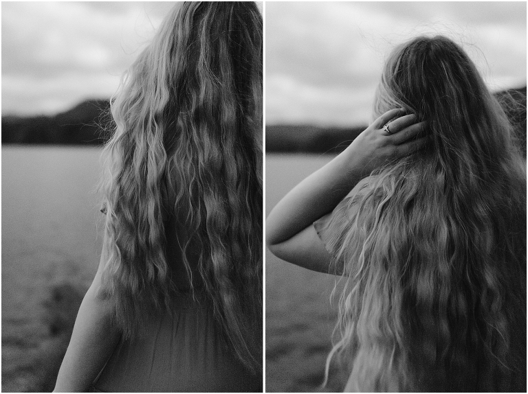 Sunset lakeside senior portraits in black and white