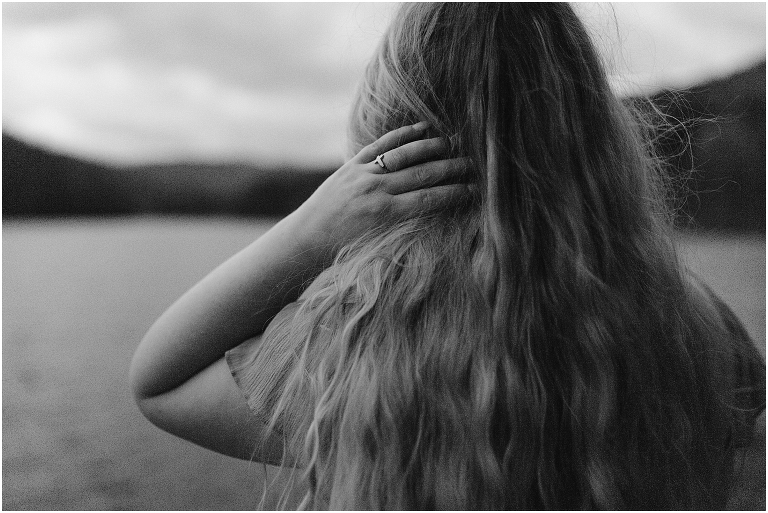 Sunset lakeside senior portraits in black and white