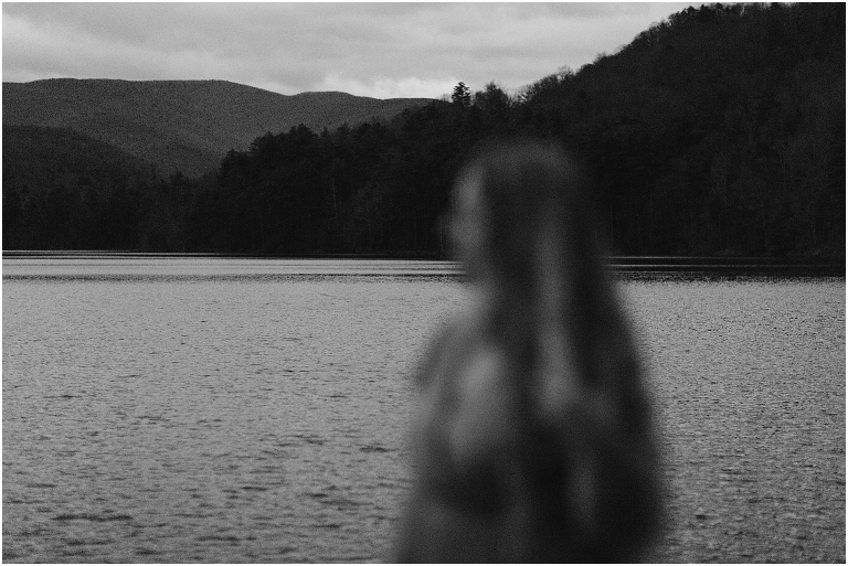 Sunset lakeside senior portraits in black and white