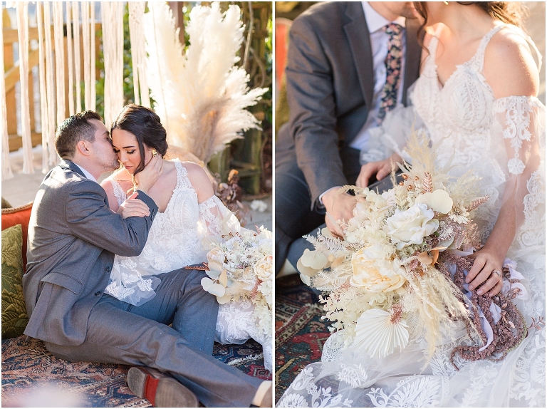 Boho intimate wedding elopement inspiration under the ivy at a reflecting pool in Virginia with macrame wedding arbor, pampas grass, and a boho wedding setup