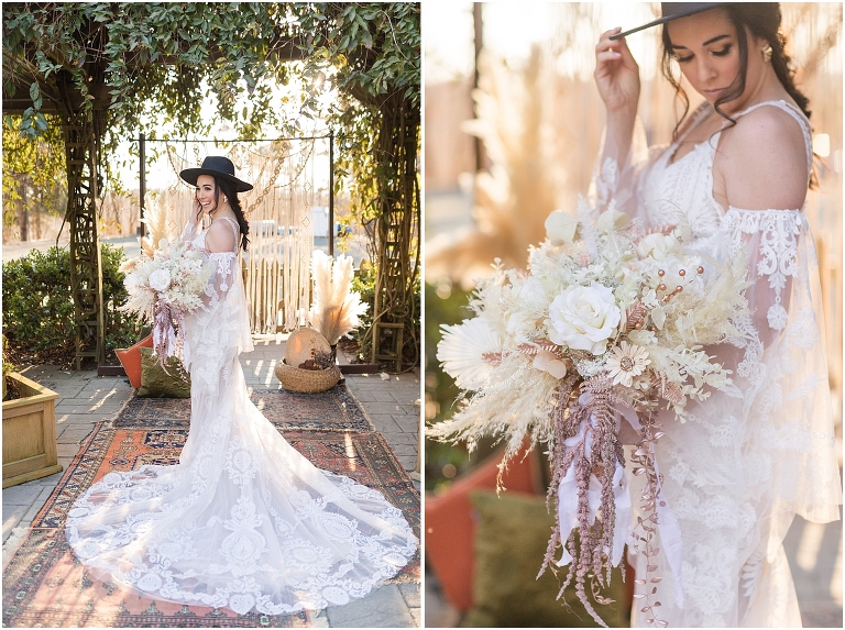 Boho intimate wedding elopement inspiration under the ivy at a reflecting pool in Virginia with macrame wedding arbor, pampas grass, and a boho wedding setup