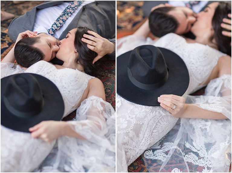 Boho intimate wedding elopement inspiration under the ivy at a reflecting pool in Virginia with macrame wedding arbor, pampas grass, and a boho wedding setup