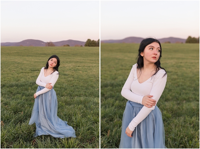 High school senior portraits with blue long skirt at a brown and white barn with a sunset mountain view in the Shenandoah Valley Virginia The Senior Giveback Project
