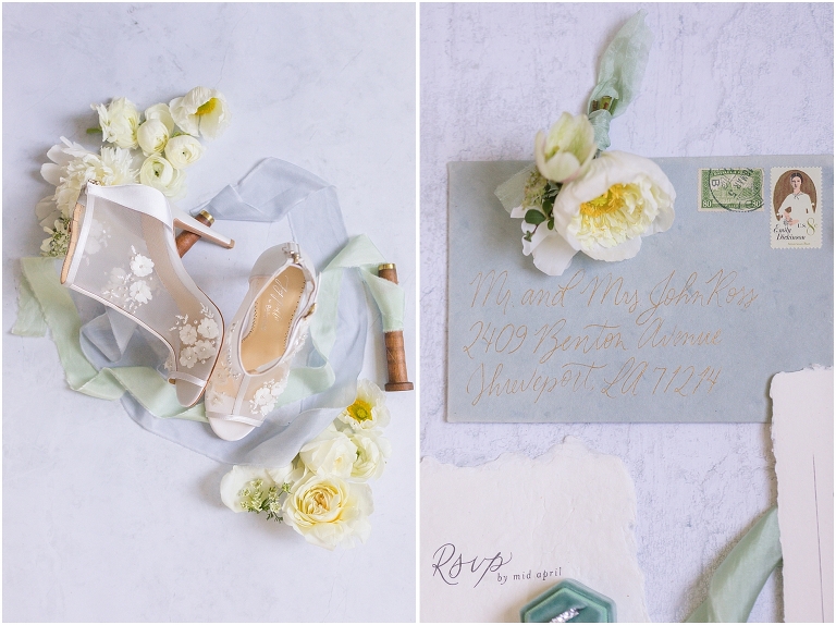 Romantic and classic garden manor wedding inspiration flat lay details blue yellow green white
