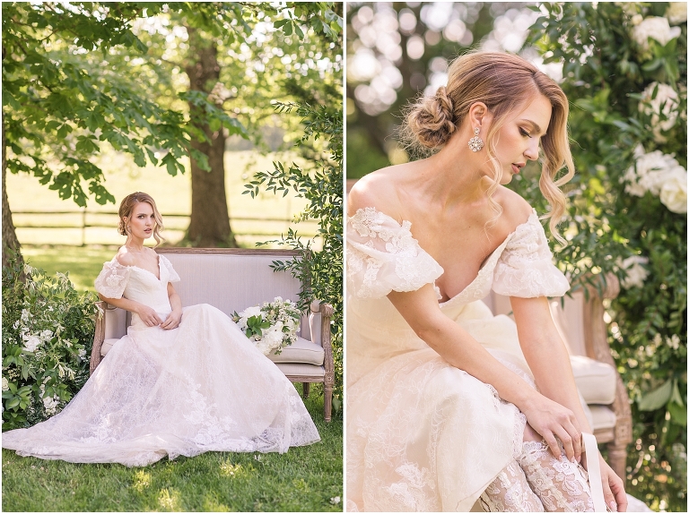 Romantic and classic garden manor wedding inspiration bridal portraits with a settee and floral instillations