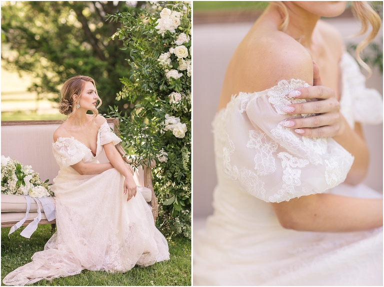 Romantic and classic garden manor wedding inspiration bridal portraits with a settee and floral instillations
