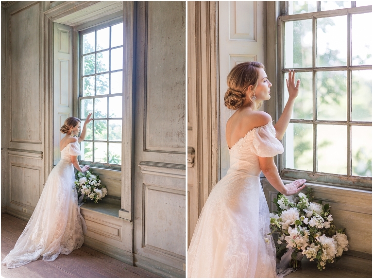 Romantic and classic garden manor wedding inspiration bridal portraits looking out the window light