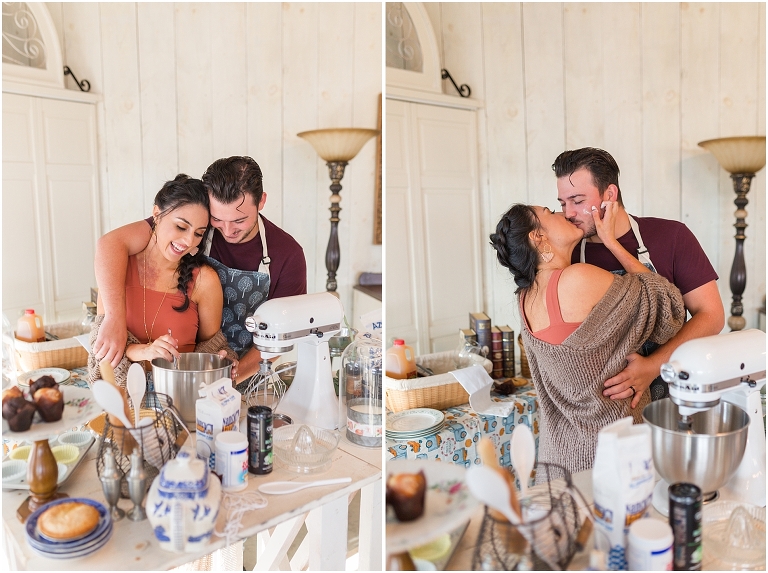 Cute couples portraits baking inside with flour