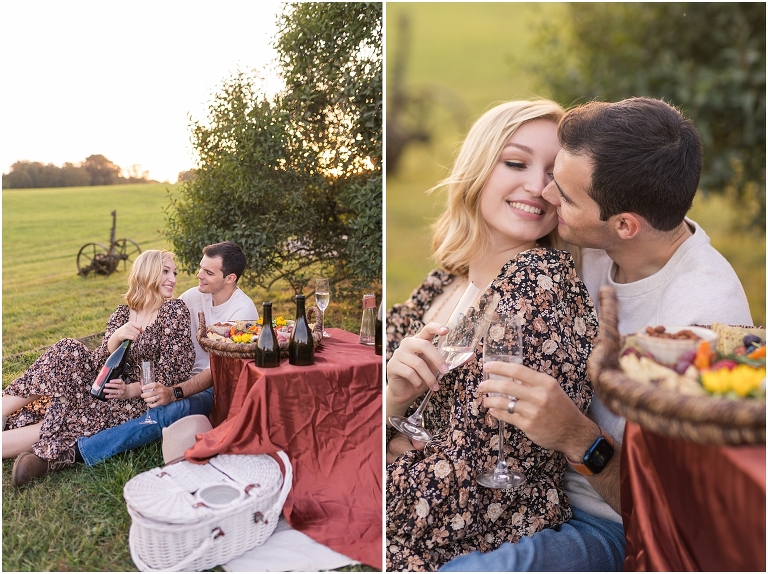 Autumn charcuterie board boho picnic couples session with wine and picnic basket