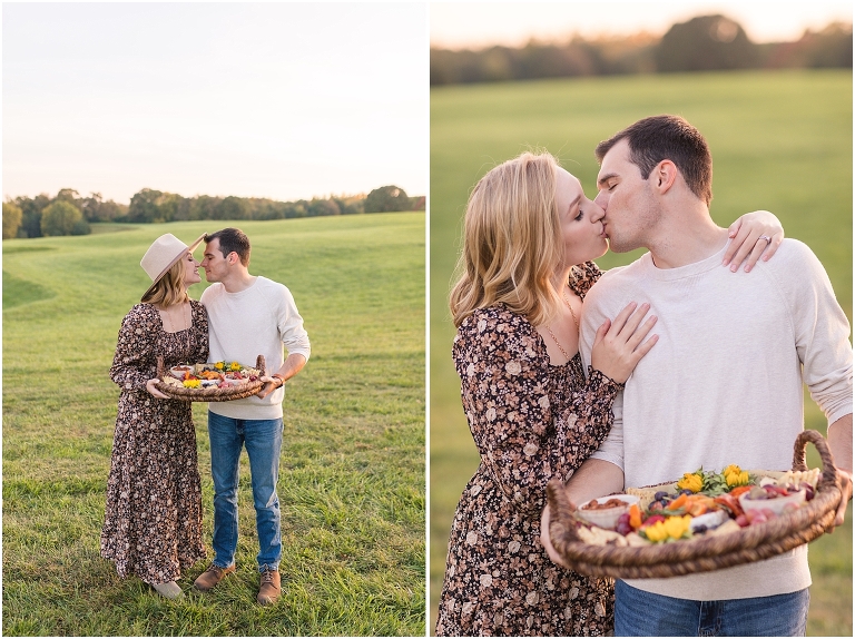 Autumn charcuterie board boho picnic couples session in an open field during golden hour