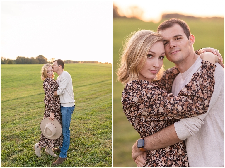 Autumn boho couples session in an open field during golden hour