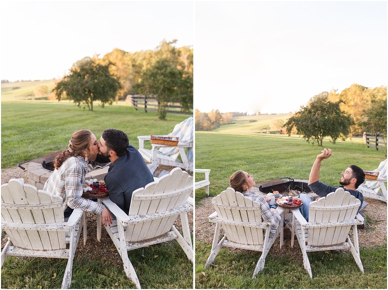 Country engagement session with couple sitting by an open fire sharing a smore's charcutier board