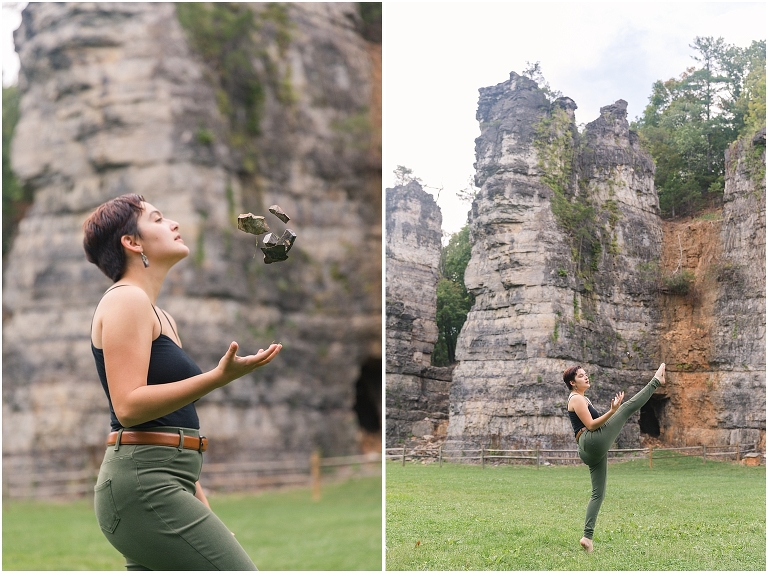 Avatar the Last Airbender inspired earthbending portrait session throwing rocks in front of rock formations