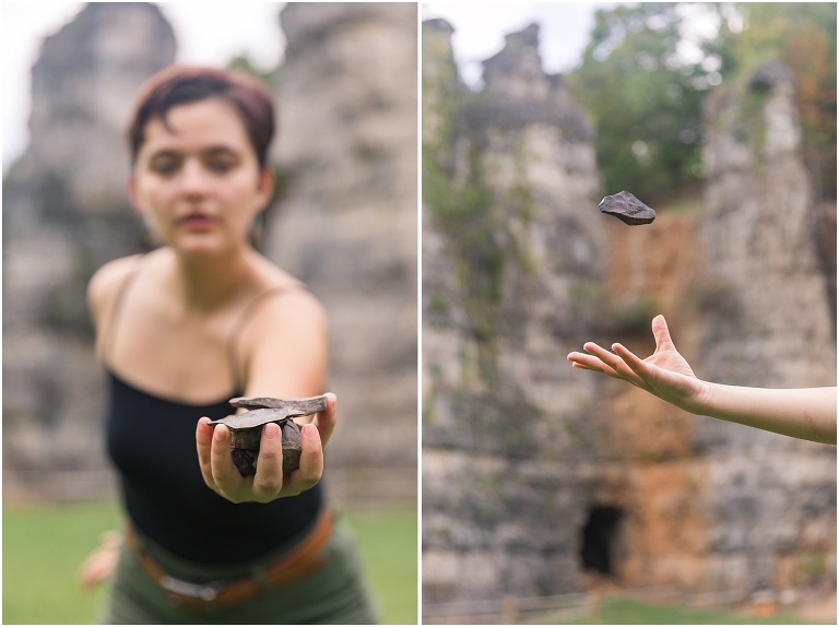 Avatar the Last Airbender inspired earthbending portrait session throwing rocks in front of rock formations