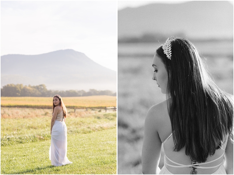 Demeter Greek Mythology goddess of agriculture inspired portrait session white dress golden crown in an open field next to corn with a sunrise mountain view